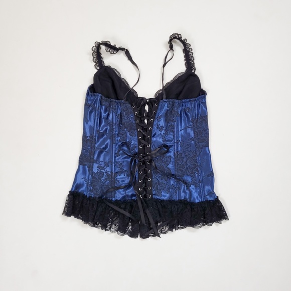 Vintage lace up corset black trim navy ruffle satin bustier top appliqué straps - Picture 8 of 9